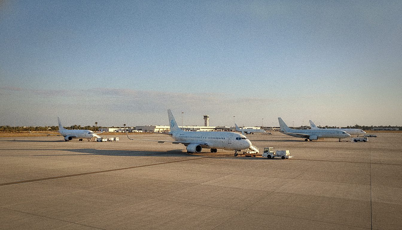 Vorfeld des Flughafens Djerba mit Ferienfliegern